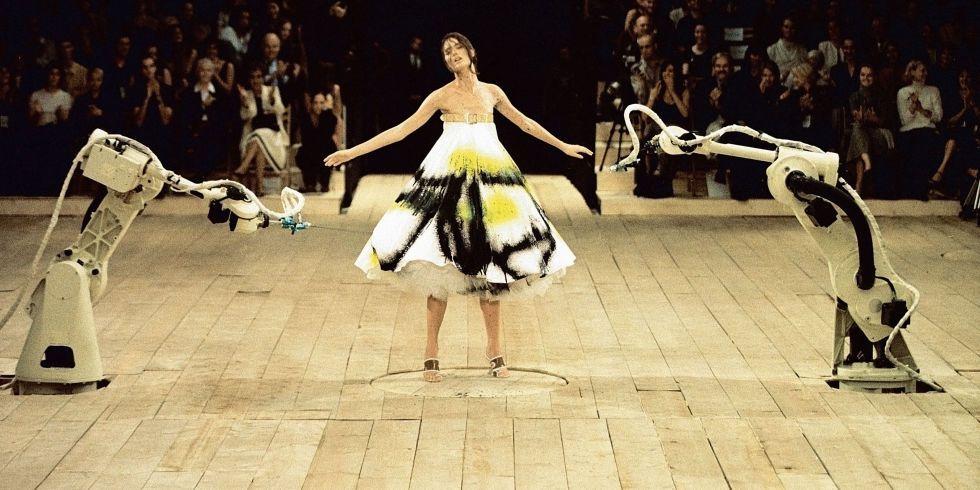 The infamous "paint dress," spray painted live at the Spring/Summer 1999 show while the model was spun on around on a stand.
