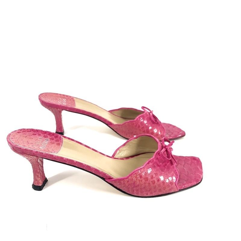 Hot Pink Colored Snakeskin Leather Kitten Heels - $98