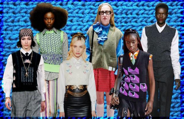 Fall looks from Dior, Kenneth Ize, Alessandra Rich, Gucci, Prada, and Marc Jacobs. Photo credit: WWD