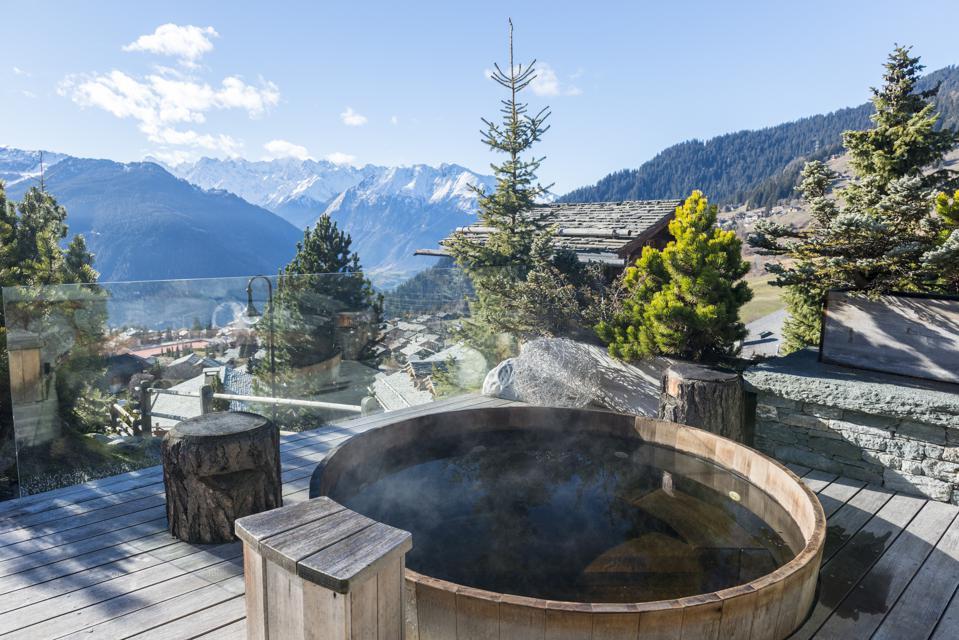 Spectacular views surround this overlook at Clinique La Prairie, Clarens, Switzerland.