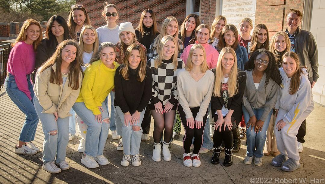 Staff of SMU LOOK magazine on the patio of the Hughes-Trigg building on January 22, 2022.